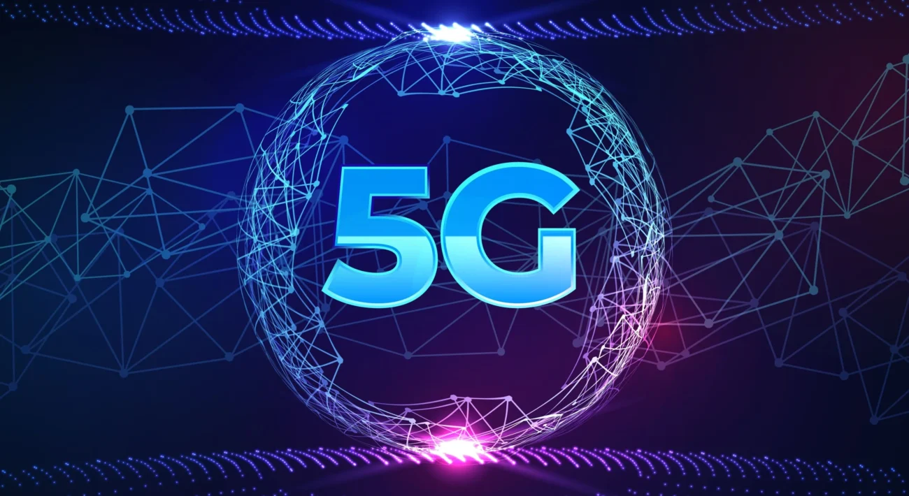 A vibrant graphic illustrating the concept of 5G technology, featuring the number "5G" prominently in the center surrounded by a network of interconnected lines and nodes.