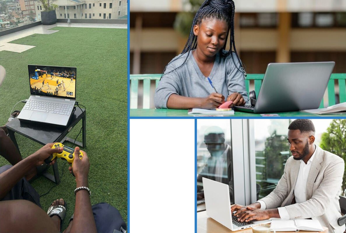 A collage showcasing individuals engaged in gaming, studying, and working on laptops in urban environments.