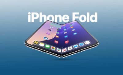 A sleek, foldable smartphone design featuring a vibrant display with various app icons against a gradient blue background.